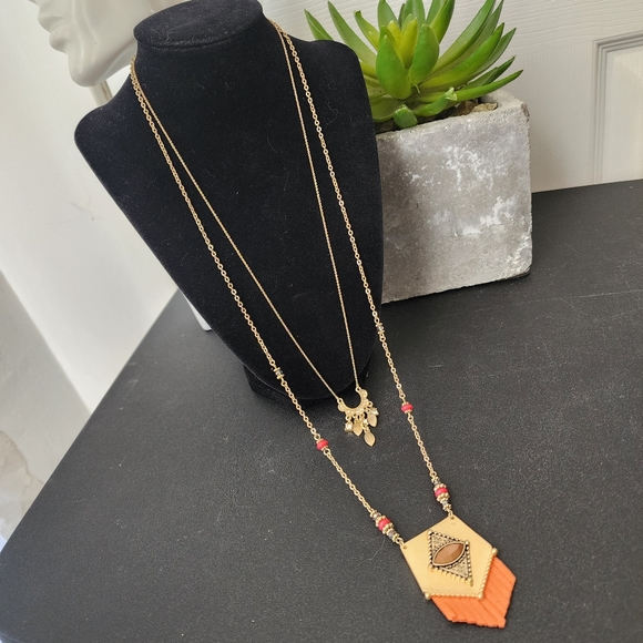 Boho Double Strand and Pendant Chain Necklace with Orange Fringe - Picture 7 of 7